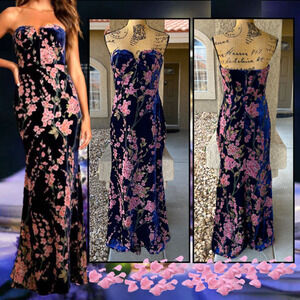Lulus Strapless Navy Blue  Velvet Floral Print Bloom In Mind Maxi Dress Size XL